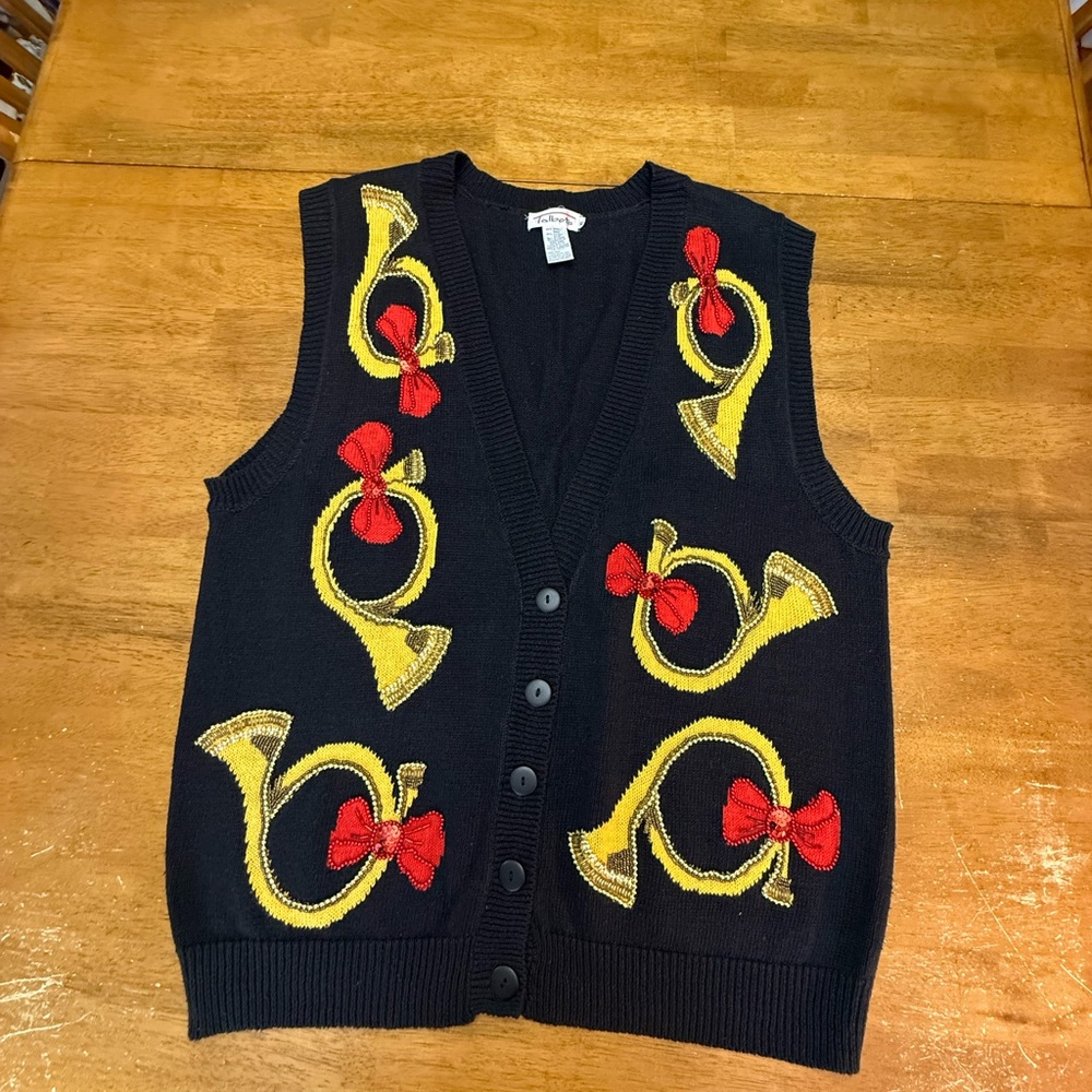 Talbots Women’s Black Knit Beaded Christmas Vest XL